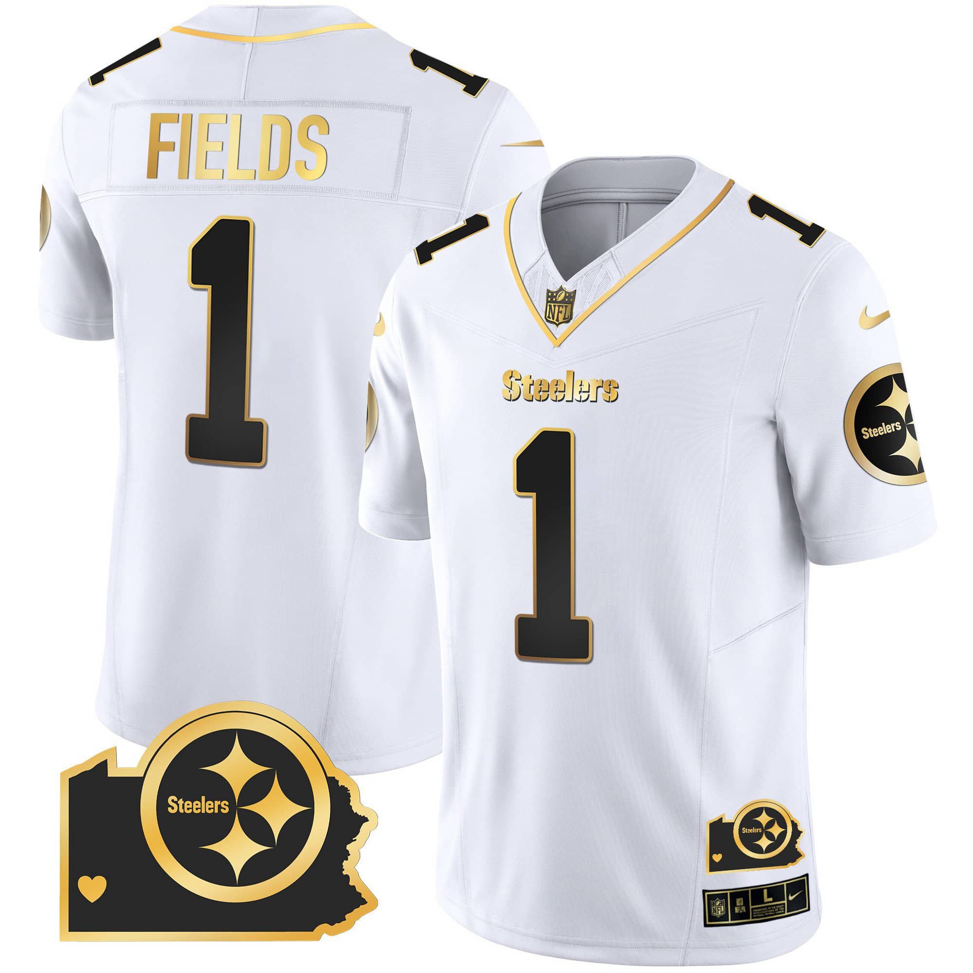 Men Pittsburgh Steelers #1 Fields White Gold 2024 Nike Home Patch Vapor Limited NFL Jersey